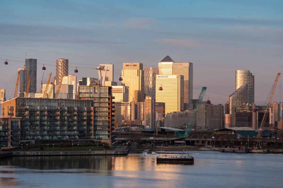 Canary Wharf skyline seen across the water in East London